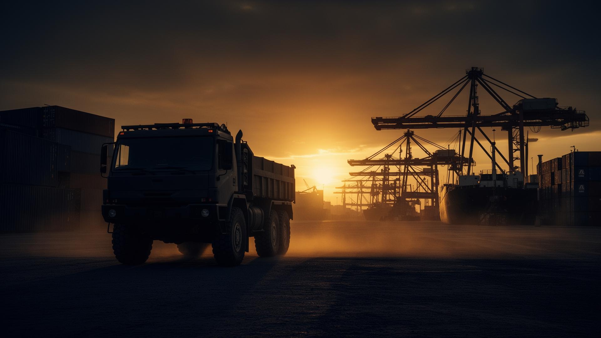Heavy duty truck and shipping cranes at a port at sunrise